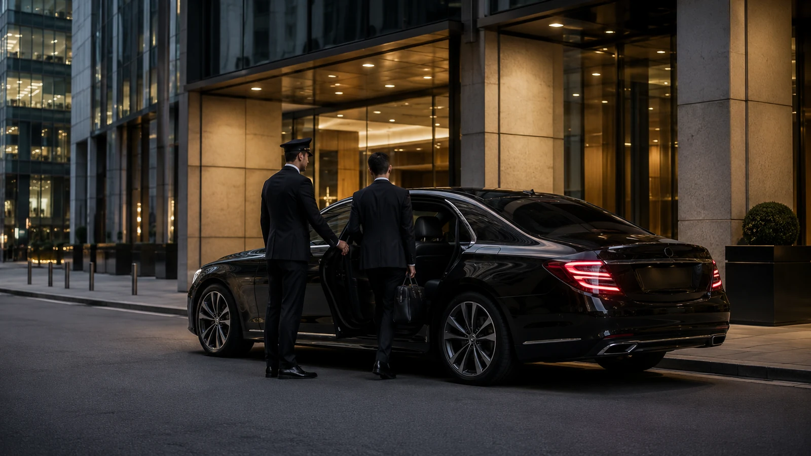 Professional chauffeur welcoming a business passenger outside a London office.